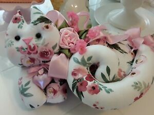 Pink Cabbage Cottage Roses Big Beautiful Lounging Kitty Cat Shape Pillow