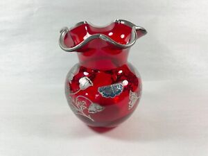 Vtg Silver City Glass Co Red Glass Vase With Applied Sterling Silver Decoration