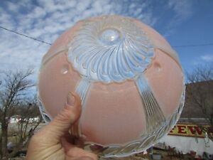40s Mcm Glass Ceiling Light Shade Pink Clear Swirl Scallop Accent Art Deco Style