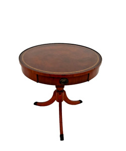 Vintage Drum Table With Drawer Round Pedestal Embossed Leather Tri Legs Walnut