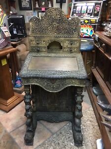 Rare Antique Carved Anglo Indian Davenport Desk With Stunning Carvings Wow 