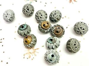 Set Of 12 Antique Victorian Pot Metal Brass Pierced Cricket Cage Buttons