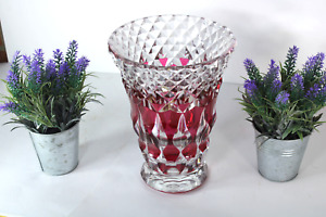 Val Saint Lambert Ruby Red Crystal Glass Cut Vase Signed
