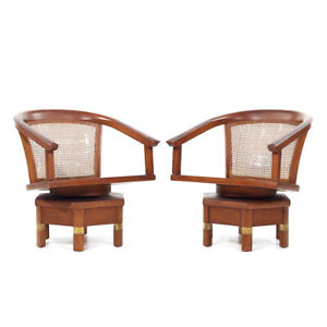 Jim Peed For Hickory Model 5105 Mid Century Mahogany Swivel Chairs Pair