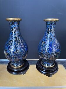 Pair Vintage Chinese Cloisonne Vases Blue W Thousand Floral Motif