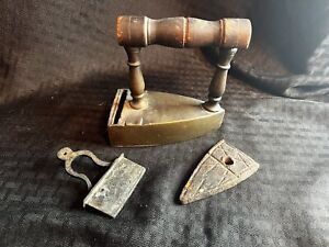 Rare Antique Brass Slug Box Sad Iron Flat Iron W Wooden Handle