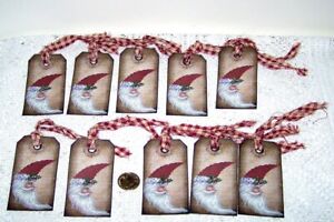 10 Christmas Primitive Handmade Crescent Moon Santa Linen Cardstock Gift Tags