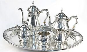 Sterling 6 Pc Hand Chased International Prelude Tea Coffee Set Sterling Tray