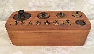 Vintage 11 Brass Scale Weights With Wood Base