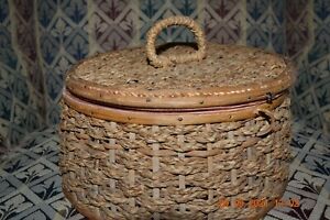 Victorian Round Sewing Basket Woven Wicker Orange Silk Lining 190 