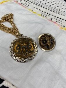 2 Antique Owl Buttons Made Into Pendants Pin And Pendent