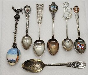 Antique Sterling Silver Spoon Lot 7pcs Asst Enameled 65 2g 2 30oz Souvenir Look 