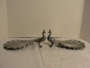 2 Antique Silver Plate Figural Peacock Dish Tray 9 Length