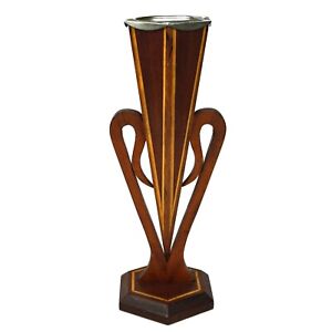 Vintage C 1920 S Marquetry Multi Toned Wood Urn Amphora Vase W Metal Insert