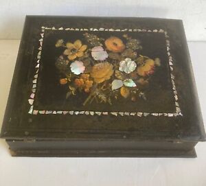 Victorian Paper Mache Writing Lap Desk Mother Of Pearl Inlay Floral Ink Bottle