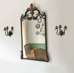Polychromed Iron Vintage Italian Florentine Style Floral Mirror W Sconces