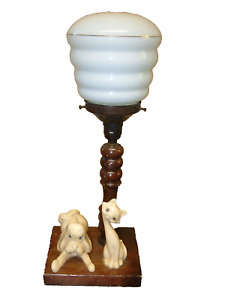  Original Cat And Dog 1930s Art Deco Lamp Lampe Alabaster Hooped Glass Shade 