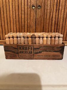 Vintage Primitive Wood Kraft Cheese Box 72 Clothespins Laundry Caddy Display