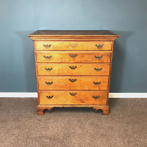 18th C Tiger Maple Chippendale 5 Drawer Chest