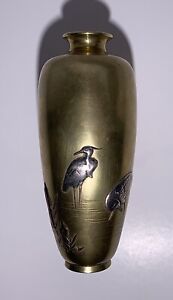 Antique Japanese Mixed Metal Silver Copper On Bronze Vase Herons Cranes Meiji