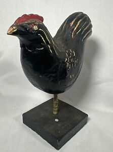 Black Rooster On Stand Solid Wood Bird Folk Art Carving Paint Fresh Estate Find