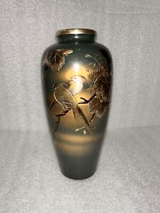 Antique Signed Meiji Period Japanese Mixed Metal Vase Cherry Blossoms Birds