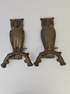 Vintage Cast Iron Yellow Eyed Owls Fireplace Andirons No Backstands