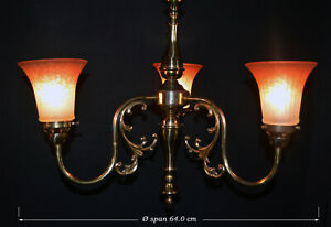 Vintage 1950s Three Arm Brass Chandelier Ribbed Fleck Tinted Prismatic Shades