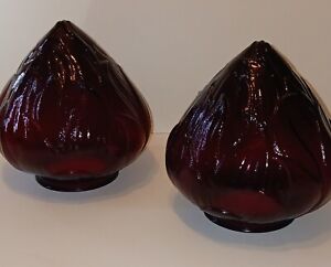 Set Of Antique Art Deco Ruby Red Glass Flower Bud Flush Mount Lamp Shades