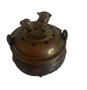 Vtg Asian Three Footed Brass Incense Burner With Foo Dog Lid And Dragon Base
