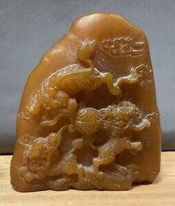 Antique Chinese Shoushan Stone Guardian Foo Dog Hand Carved Medium Statue 4 X4x2