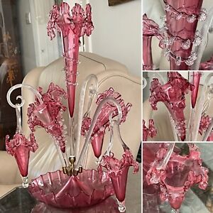 Rare Antique C1880 Victorian 7 Point Glass Ruby Epergne 21 Stourbridge Incised