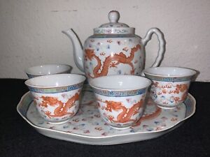 A Set Of Chinese Antique Porcelain Tea Pot Plate And Cups Late Qing Dynasty