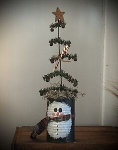 Grubby Primitive Christmas Tree In Vintage Painted Snowman Tin Can Folk Art Gp