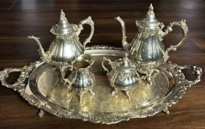 Vtg Xl Wallace Baroque Silverplate Tea Set Coffee Pot Creamer Sugar Footed Tray