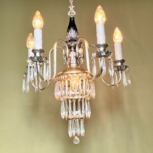 Vintage 1920s Silver Wedding Cake Crystal Chandelier By Chase Brass Restored 