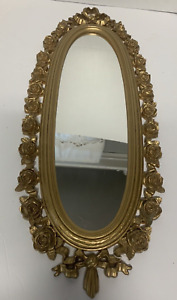 Vintage Syroco Gold Oval Mirror Ornate Roses Bow Frame Hollywood Regency 25 X 10