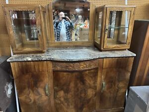 Antique Oak Buffet Bar Cabinet With Beautiful Marble Top Will Ship 