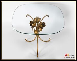 Vtg 60s Hollywood Regency Italian Gold Gilded Tulip Floral Sheaf Table Glass Top