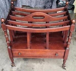 Beautiful Vintage Genuine Mahogany Canterbury Magazine Stand With Casters Vgc
