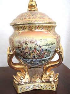 Antique Satsuma Footed Pedestal Vase Asian Urn Ornate Koi Fish Footed Rare