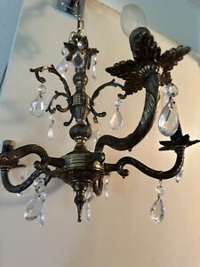 Antique Vintage Heavy Brass 5 Light With Crystals Chandelier French Rococo Style