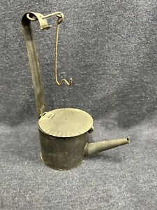 Antique Estate Find 7 5 Early Tin Betty Lamp For Whale Oil Or Grease W Hanger
