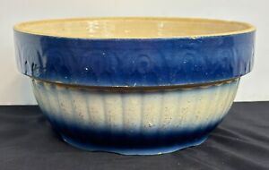Antique Blue White Stoneware 10 Bowl Milk Crock Ribbed Mixing