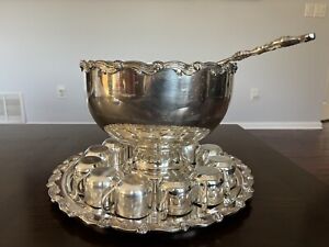 Large Sheridan Silverplated Copper Punch Bowl Tray Ladle 12 Cups