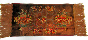 Vintage 9 By 22 Oriental Rug Silk Brown Gold Red Flower Baskets Fringe