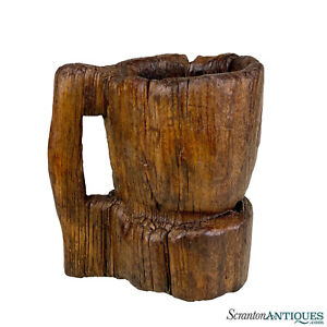 Antique Primitive Folk Art Wood Carved Mug Cup