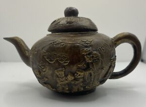 Antique Chinese Brass Small Tea Pot Scholar Marked Taoist 3d Scholar Scenes