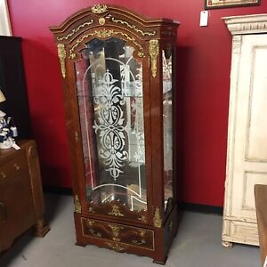 Ornate Burl Walnut French Style Display Cabinet With Brass Accents Glass Shelves