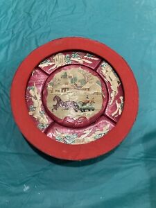 Saks Fifth Ave Red Round Antique Sewing Box Basket Hand Crafted Straw Bamboo